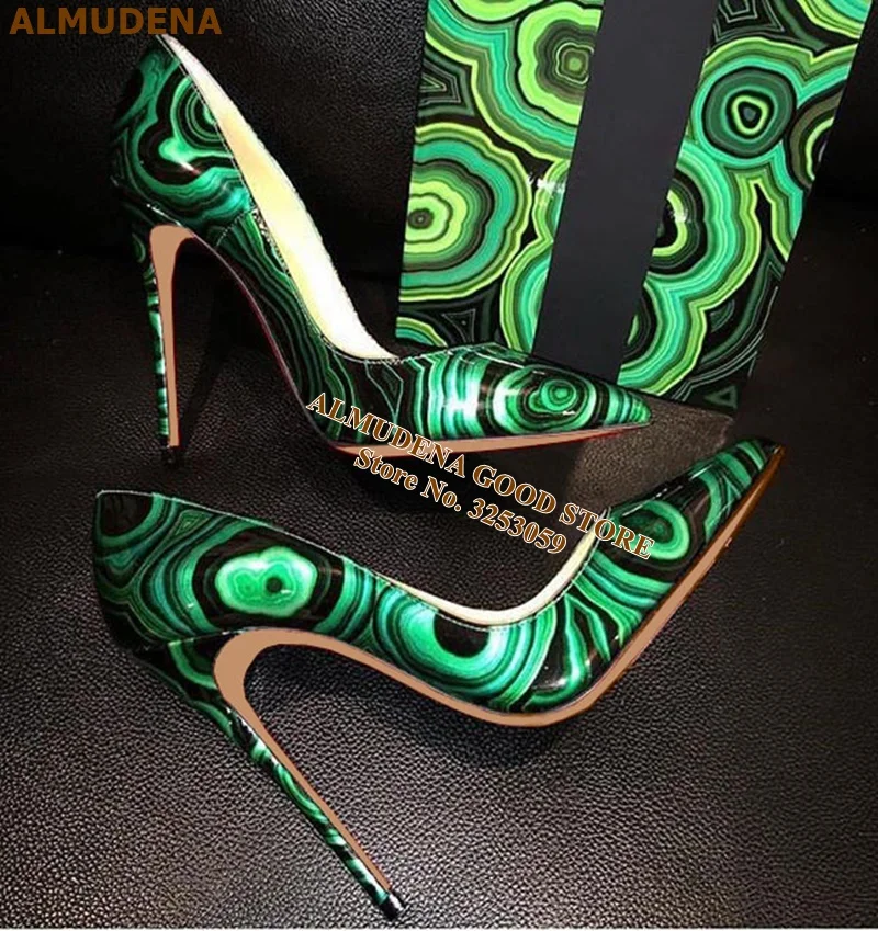 

ALMUDENA Green Black Printed Pumps 12cm Stiletto Heels Pointed Toe Dress Shoes Mixed Color Patent Shallow Office Party Shoes