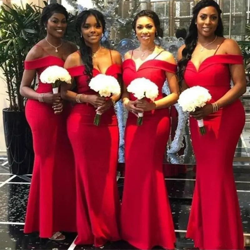 24-1-2020 New Red Mermaid Black Girls Bridesmaid Dresses African Prom Dresses Long Cheap Off Shoulder Wedding Guest Dresses Maid Of Honor honor