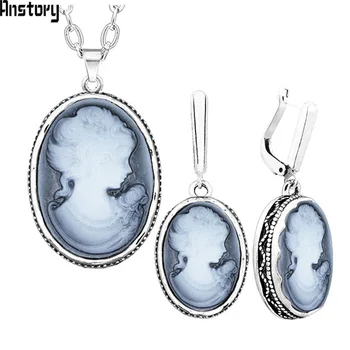 Lady Queen Cameo Jewelry Sets Vintage Necklace Earrings Jewelry Sets For Women Flower Pendant Fashion Party Sets