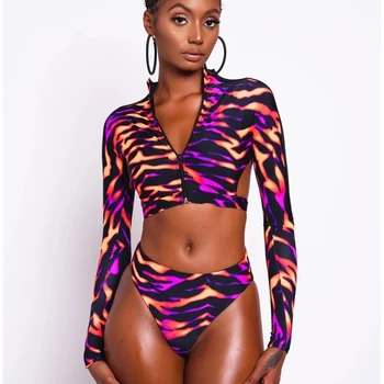 

Backless Long Sleeve Swimsuits for Women Two Pieces Padded Swimwear Mid Waist Bathing Suits 2020 New Summer Female African Print