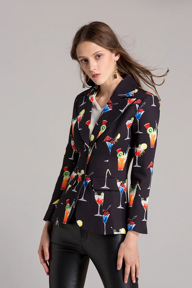 SEQINYY Black Blazer Autumn New Fashion Design Long Sleeve Women Wine Glass Printed Female Jacket