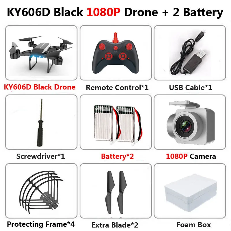 KY606D Дрон 4k HD аэрофотосъемка 1080p четырехосный летательный аппарат 20 минут давление полета Hover ключ взлет Rc вертолет - Цвет: Black 1080P 2B Foam