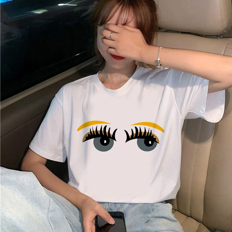 

Summer New Style Fashion Harajuku Style Women Tee Shirts Face Cute Eyebrows Lip Printing Cotton Tops Ladies O-neck T-shirt