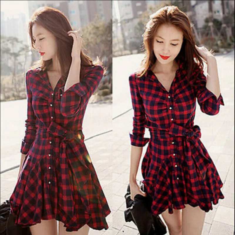 Fashion Womens Lady Long Sleeve Ruffles Office Ladies Casual Flannel Plaid Check Button Down Top Layer Shirt Dress | Женская одежда