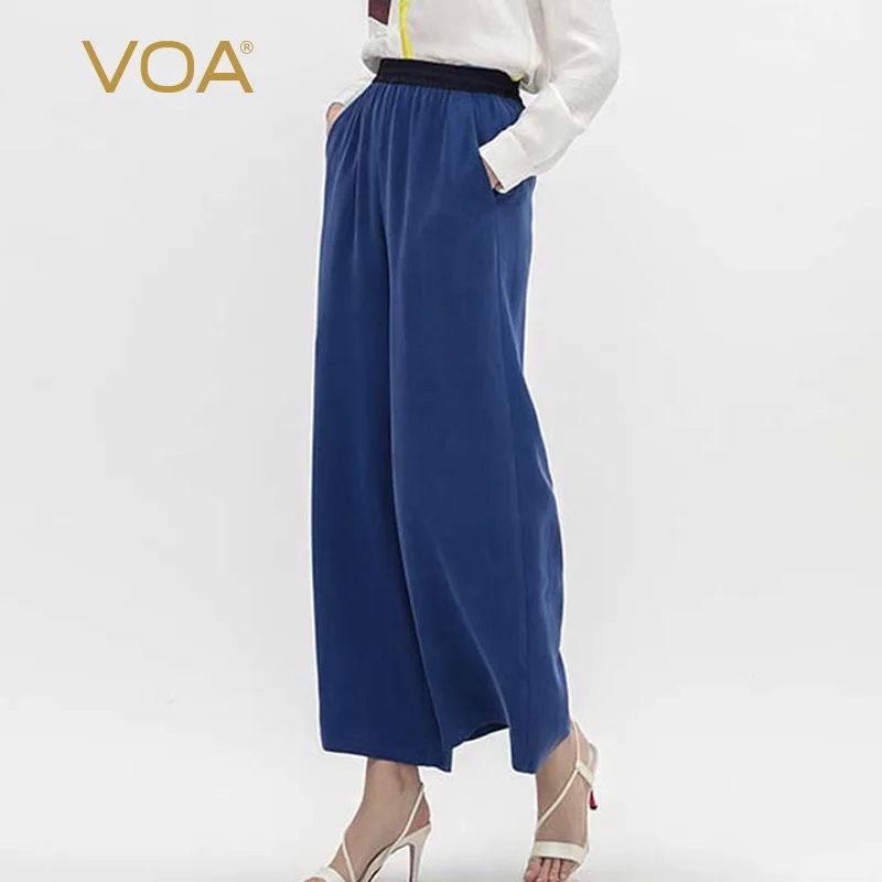 

VOA heavyweight silk wide leg pants with ribs and waist color contrast stitching and oblique insertion bag leisure pants k936