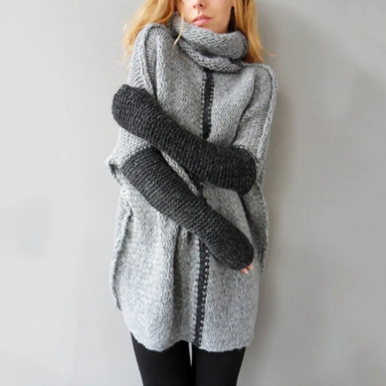 Осень Зима Европейский Американский женский длинный свитер с высоким воротником толстый свитер свободный большой размер вязаный MY19047 - Цвет: gray