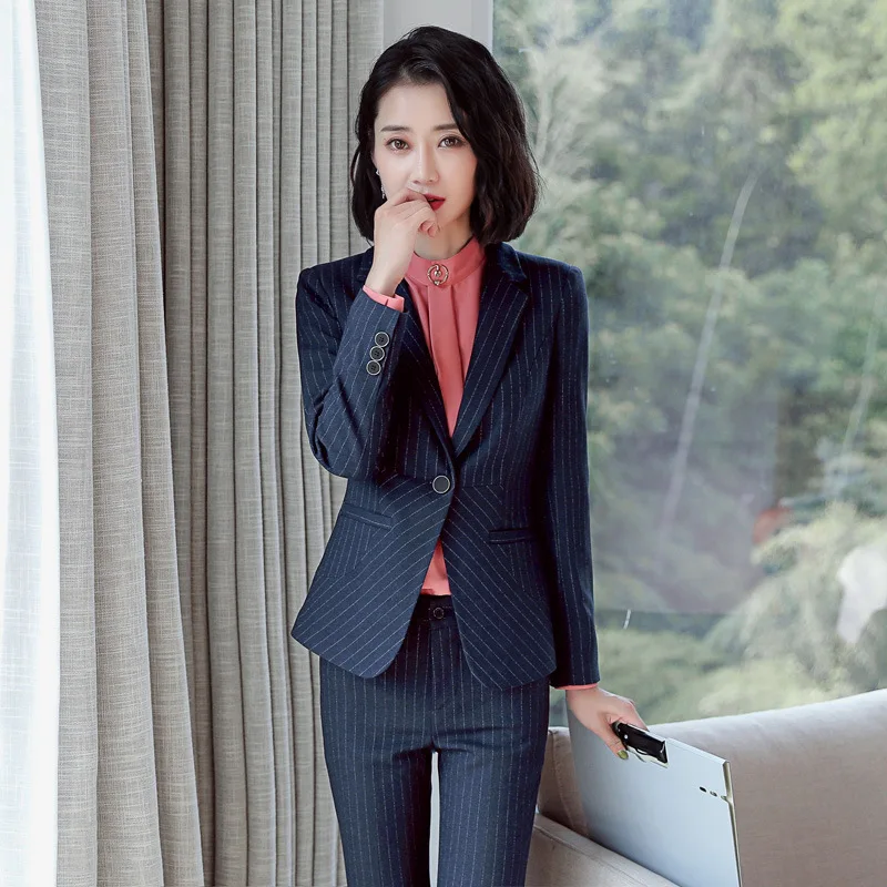 

2019 Autumn Women Formal Jacket Office Lady Notched Blazer Coat Fashion Striped Gray / Blue Business Work Wear Long Sleeve Tops