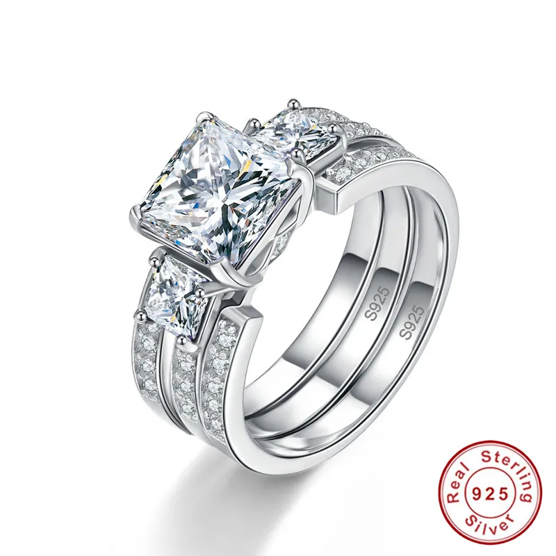 

925 Sterling Silver Rings 3Carat 8*8mm Gemstone Jewelry S925 Silver Wedding Ring Set With Gift Box For women AAA Quality
