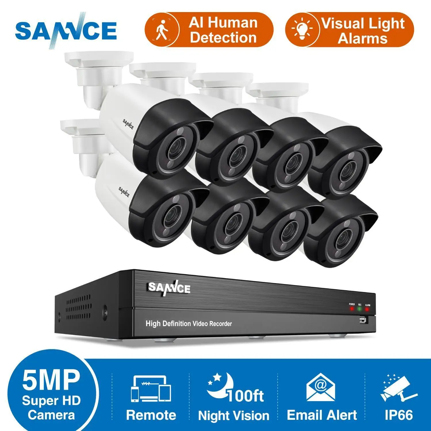 SANNCE 8CH 5MP-N Super HD System bezpieczeństwa wideo H.264 + DVR z 4X 8X 5MP Bullet zewnętrzna wodoodporna kamera CCTV Kit AI wykrywanie 1 SANNCE 8CH 5MP-N Super HD System bezpieczeństwa wideo H.264 + DVR z 4X 8X 5MP Bullet zewnętrzna wodoodporna kamera CCTV Kit AI wykrywanie 1