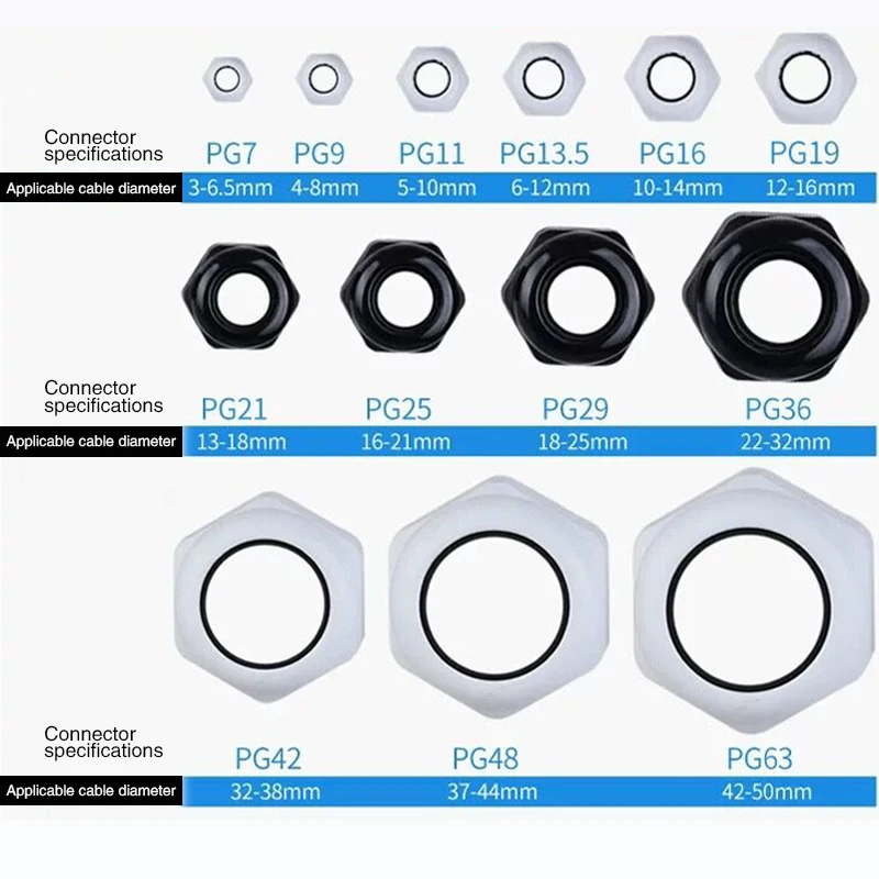 100PCS Waterproof Cable Gland Connector IP68 PG7 Cable For 3-6.5mm PG9 PG11 Waterproof Washer PG13.5 PG16 PG19 PG21Nylon Plastic cable gland