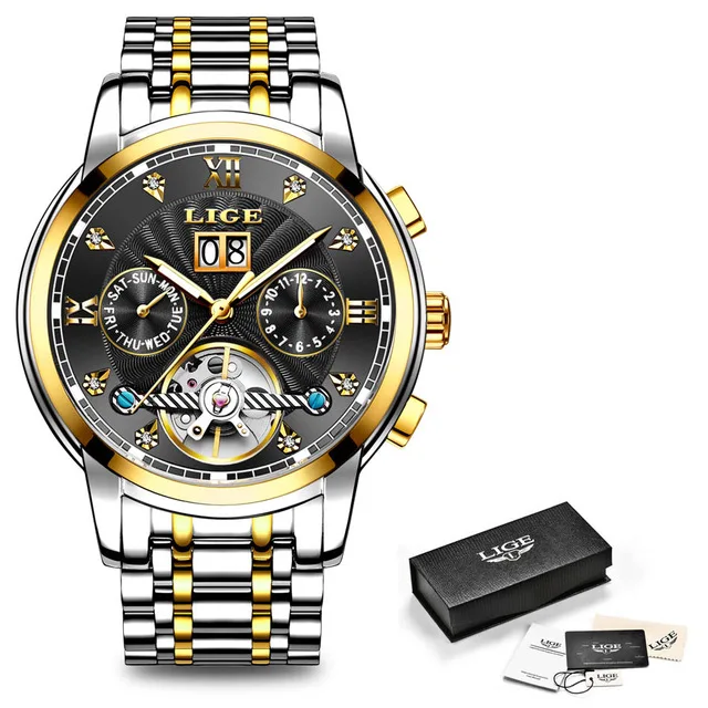 Gold black S LIGE оригинальные мужские часы автоматические механические Турбийон роскошные часы из нержавеющей стали спортивные мужские часы Relogio Masculino+ коробка - Цвет: Gold black S