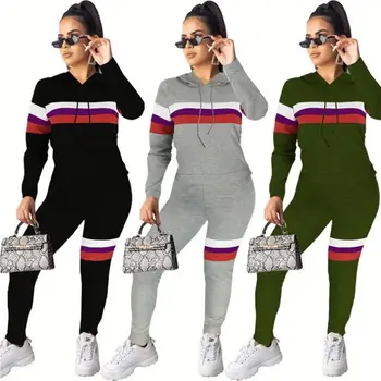 

Two Piece Set Top and Pants Women Clothes Ensemble Femme Long Sleeve Hooded Stripe Print Casual Sportswear Women Winter Clothes