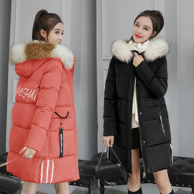 

2019 Winter New Style Korean-style down Coat Cotton-padded Jacket Loose-Fit Mid-length Large Fur Collar Hooded Lettered Cotton-p