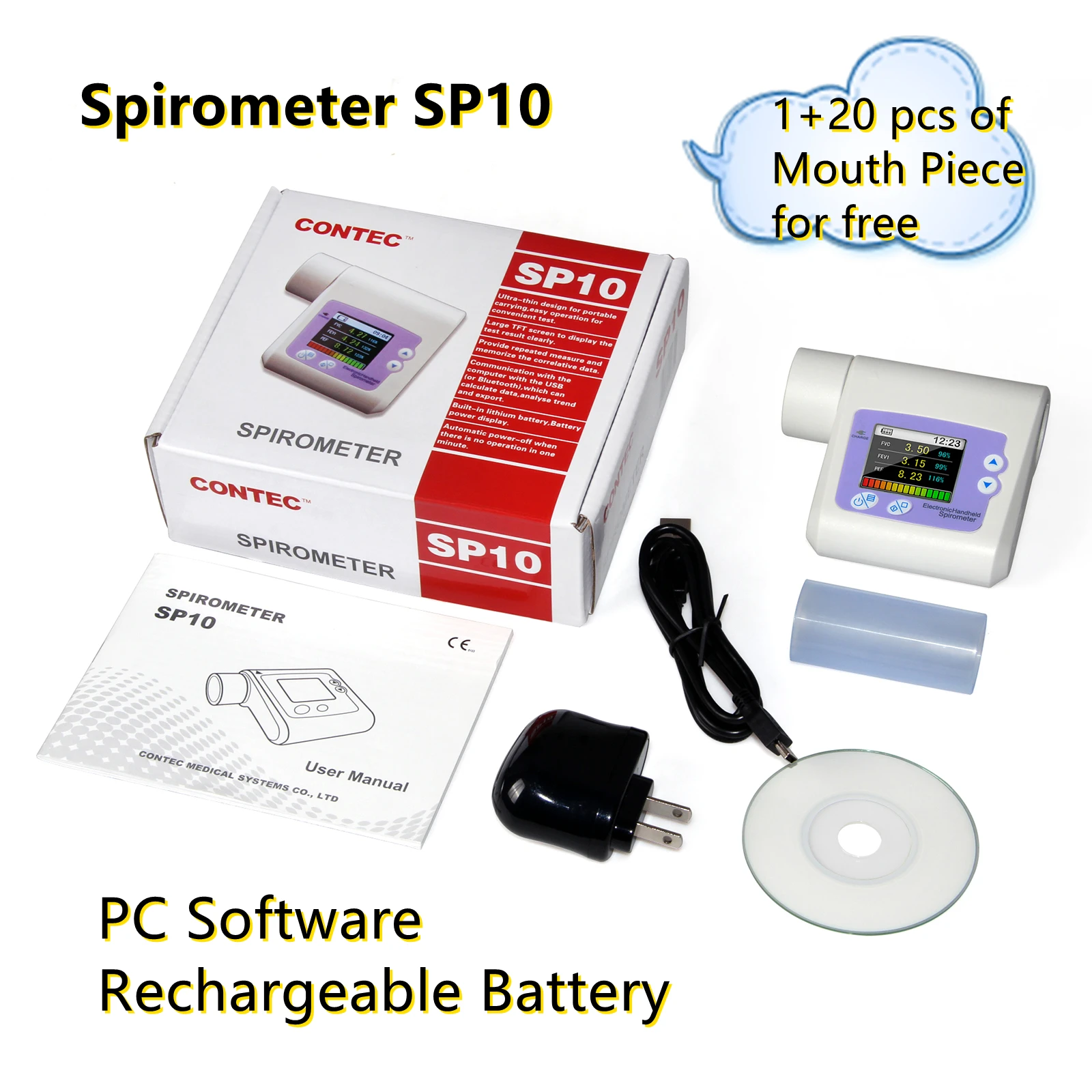 Contec Sp10 Spirometer Lung Breathing Diagnostic Vitalograph Spirometry