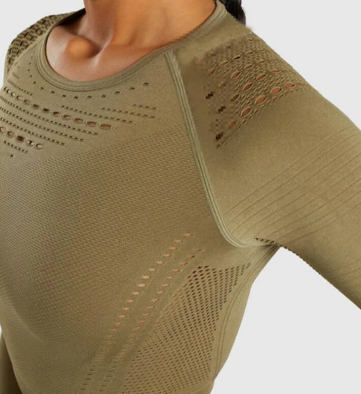 ArmyGreen top Бесшовный трикотажный топ для йоги с длинным рукавом для фитнеса, женские рубашки с длинным рукавом, укороченный топ для тренировок, тренажерного зала, дышащая спортивная женская рубашка - Цвет: ArmyGreen top