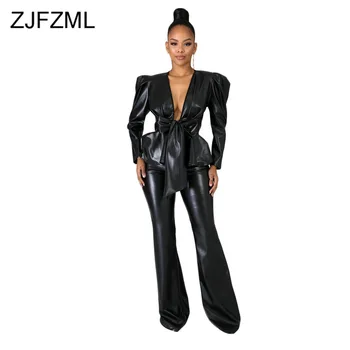 

Sexy PU Leather 2 Piece Set Winter Clothes for Women Deep V Neck Puff Sleeve Sashes Top and Black Flare Pants Club Tracksuits