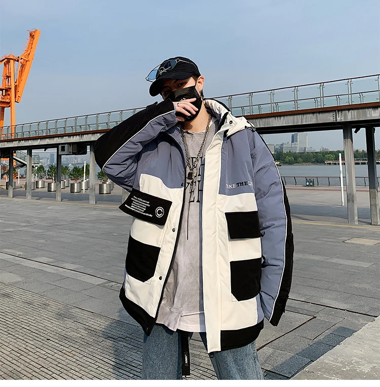 FUODRAO Loose Thicken Warm Winter Parka Men Patchwork Jackets Coats Male Harajuku Jacket Mans Outwear Hooded Windbreaker J208