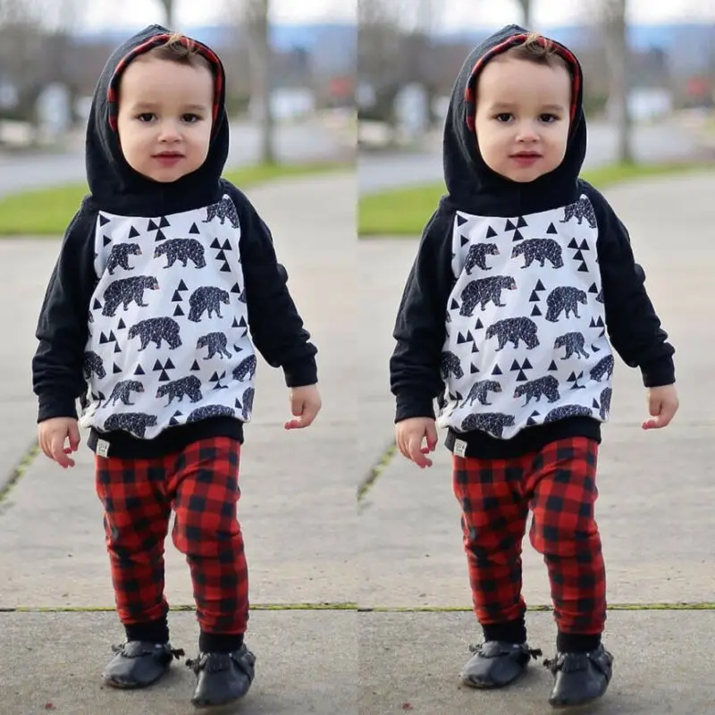  2PCS Toddler Baby Boy Girl Autumn Clothes Cartoon Hoodie Top+Plaids Pants Outfit