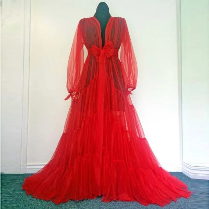 TOP  Red Ruffled Dressing Gown See Through Tulle Lush Robe Cardigan Style Pregnant Party Dress Front Ope