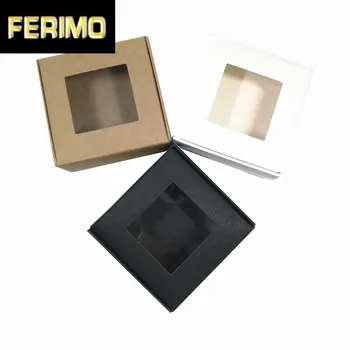 

7.5x7.5x3cm 50Pcs Folding Paperboard Small Crafts Packing Box with Clear Window Plastic Kraft Paper Chocolate Snack Package Box