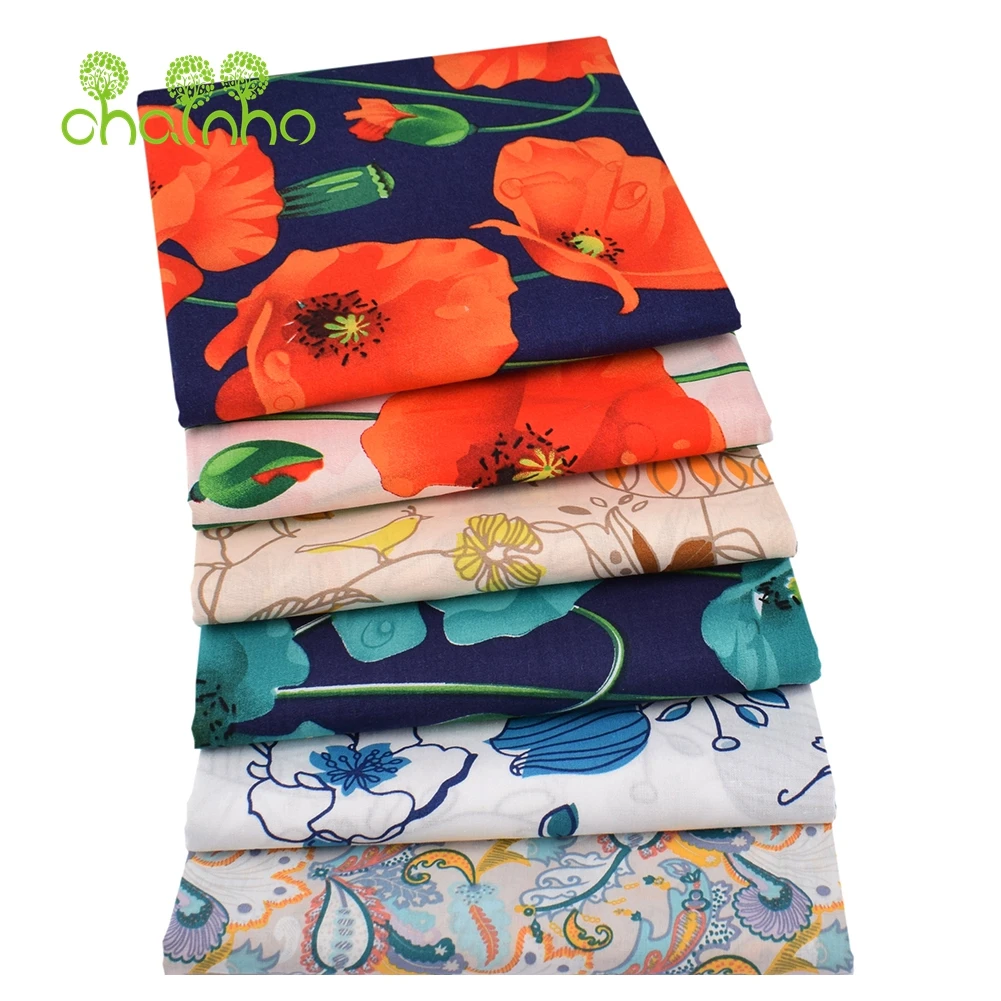 Chainho,Printed Plain Poplin Cotton Fabric,DIY Sewing Quilting Material For Baby & Child's Shirt,Skirt,Dress,Poppy Floral Series