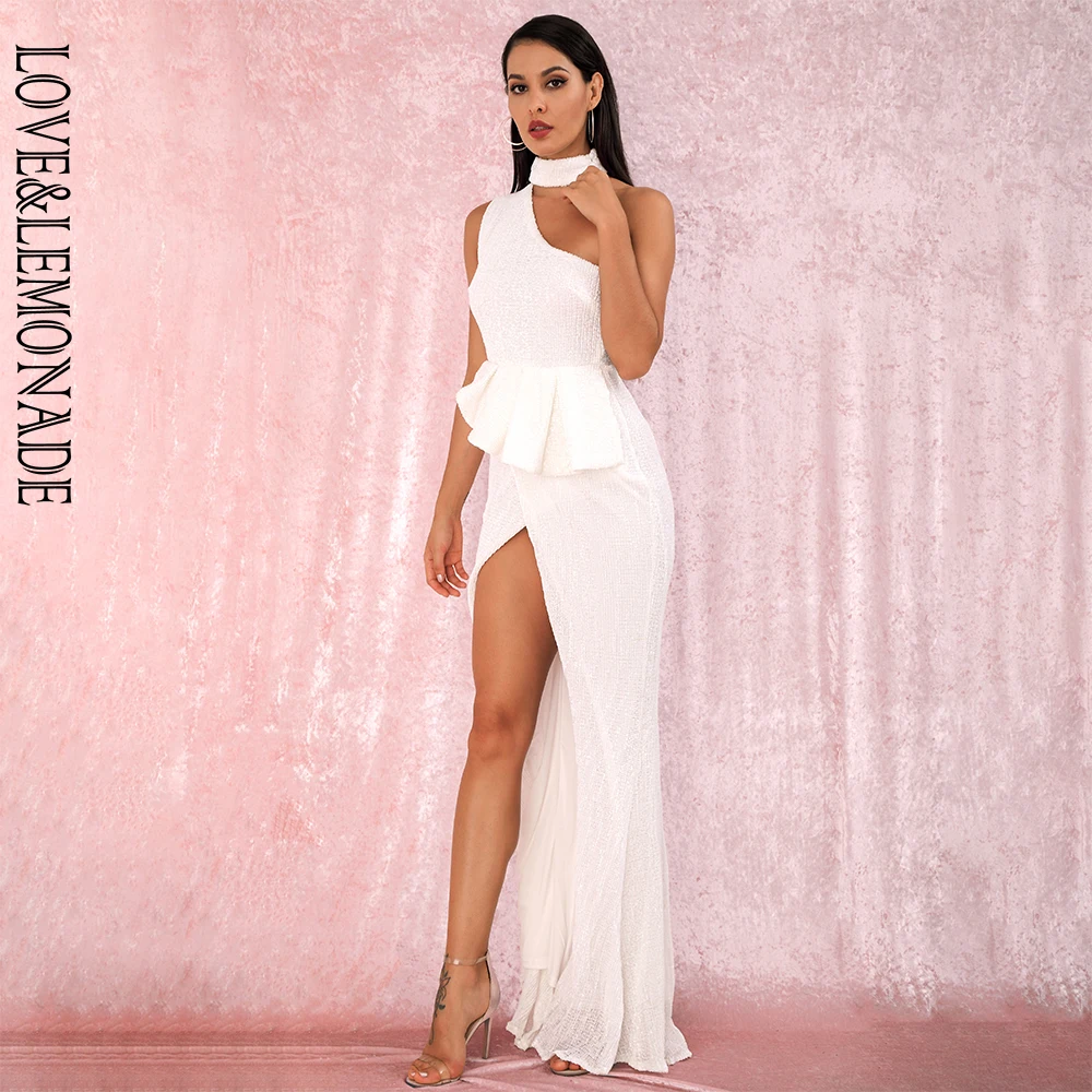 LOVE& LEMONADE A/W сексуальные белые Холтер без бретелек плечи Раффлед Сплит эластичные Блестки без рукавов вечерние платья макси LM81953