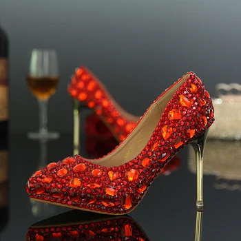 

Red Color Pointed Toe Wedding Party Shoes Bridal Dress Shoes Women Rhinestone Crystal Silver High Heels Pumps
