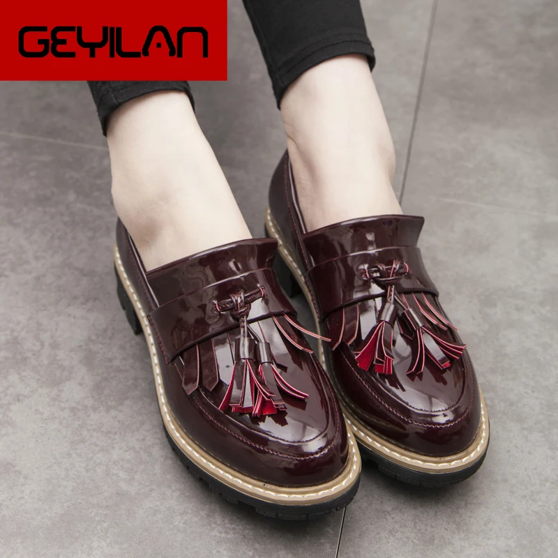

Oxford Shoes for Women Tassels Slip on Women Shoes Patent Leather Ladies Oxfords Loafers Shoes