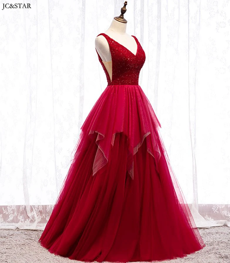 Vestido madrinha Тюль Кристалл сексуальный V образным вырезом линии Бургундия Длинные свадебные платья свадебное платье для гостей длинное suknie na wesel
