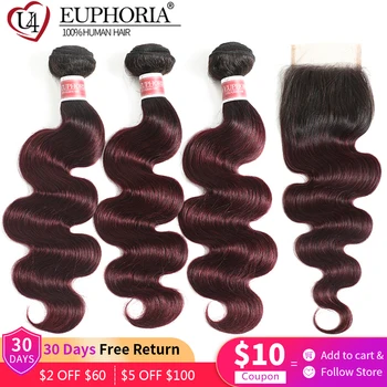 

1B 99J Body Wave 3 Bundles With Lace Closure Brazilian Remy Human Hair Bundles With 4x4 Closure Burgundy Ombre Red Hair Euphoria