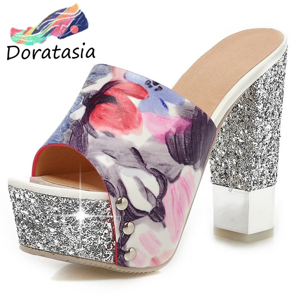 

DORATASIA Big Size 32-43 New Fashion Print Mules Lady Summer Party Sexy Pumps Women High Heel Pumps Bling Slippers Shoes Woman