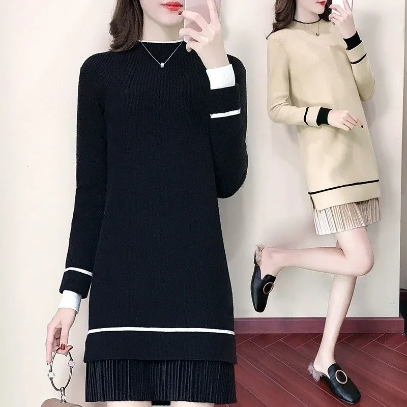 

QWEEK Knitted Sweater Dress Velvet Women Plus Size Loose Dresses Winter Long Sleeve 2020 for Women Korean Fashion Clothing