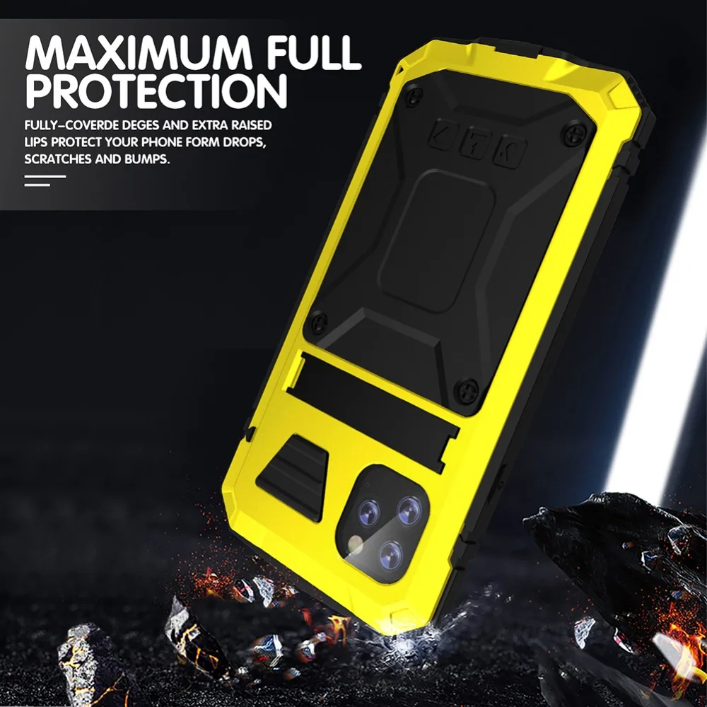 For iPhone 11 Pro Max XS XR XS Max X Metal Aluminum Armor Shockproof Heavy Duty Waterproof Case protective Cover+Tempered glass (22)