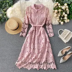 2019 Новая мода Женская одежда ажурное платье с длинным рукавом зимнее платье вечернее платье