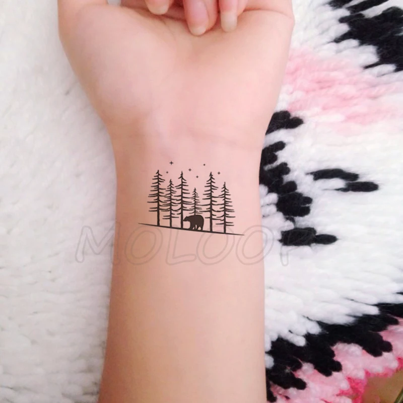 

Tattoo Sticker bear bird aniaml pine tree black small body art Water Transfer Temporary Fake tatto flash tatoo for kid girl men