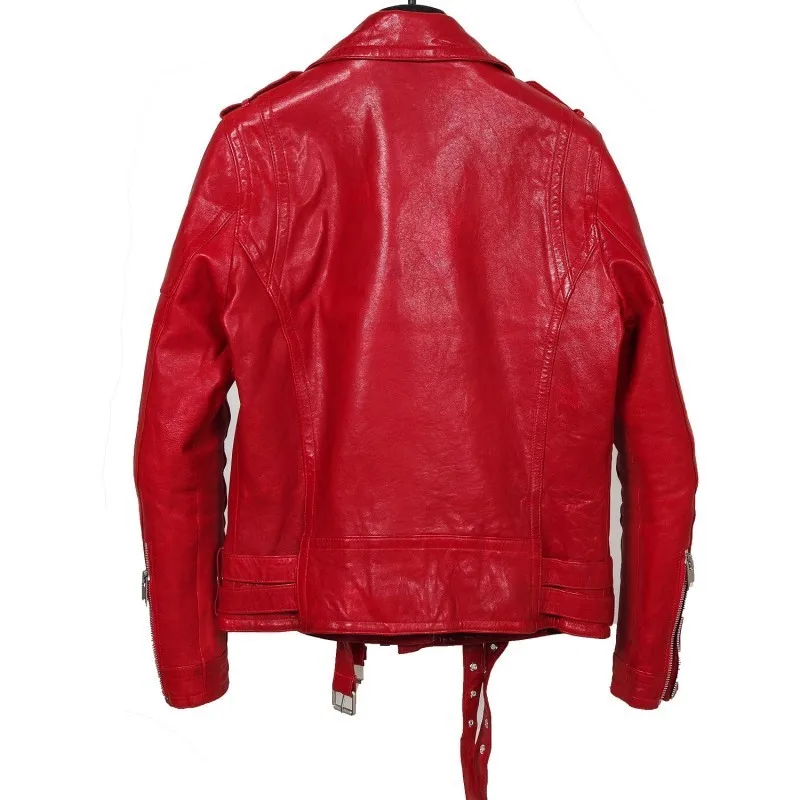 

2020 New Women Genuine Leather Short Motorcycle Jacket Slim Fit Red Black Vintage Sashes Fashion Natural Sheepskin Leather Coats