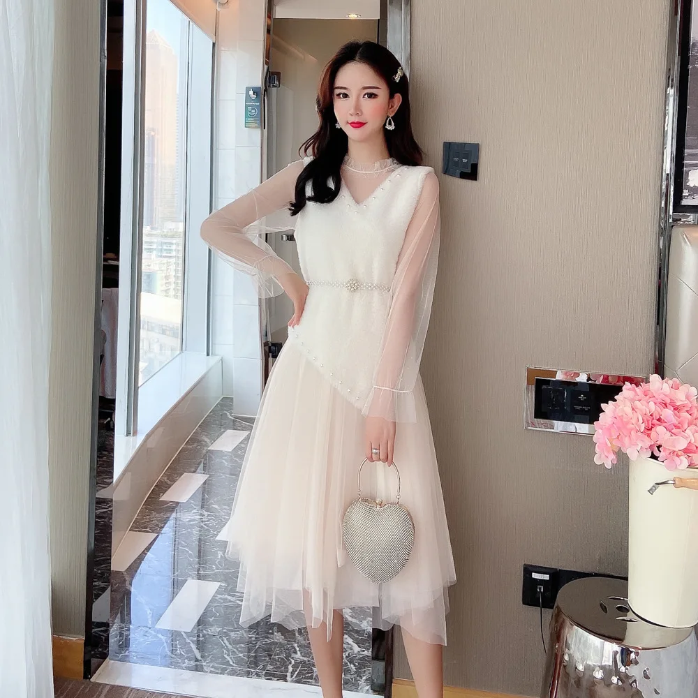 

Photo Shoot Gentle Wind Sweater Skirt WOMEN'S Suit Autumn And Winter Immortal Mid-length Two-Piece Set Mink Cashmere Mesh Dress