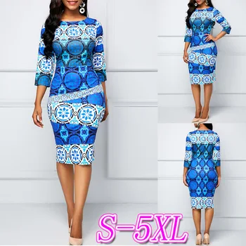 

Fashion Print Dress Women Maxi Sheath Spring Summer Bodycon Dress Knee-length O-neck Indie Folk Party Slim OL Dress Vestidos