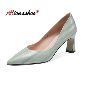 

Ladies Genuine Leather High Heel Shoes Fashion Pointed Toe Women Office Pump Shoes Concise Dress Shoes Womens Nude Green 34-39