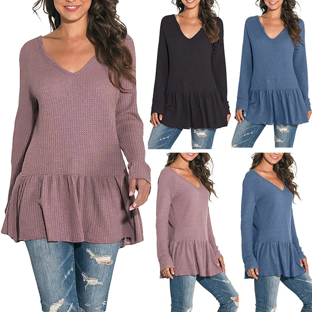 Poleras mujer de moda camiseta mujer Футболка женская Повседневная Однотонная футболка с длинным рукавом и v-образным вырезом Топы с оборками женская футболка