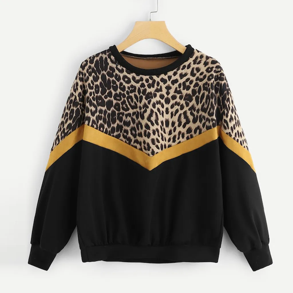 

Leopard Fashion Sweatshirt Womens Casual Long Sleeve Patchwork Leopard Long Sleeve Print O-Neck Female Tops Pollovers #C9