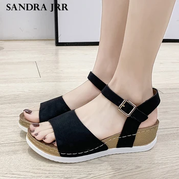 

SANDRA JRR 2020 Summer Women Casual Sandals Peep Toe Wedges Heel Sandal Plus Size Female Platform Elevator Buckle Closure Shoes