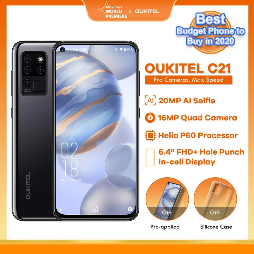OUKITEL C21 Quad Камера 20MP селфи Octa Core Helio P60 4 + 64 Гб телефон 6 ''FHD Дырокол Экран 4000 мА/ч 4G