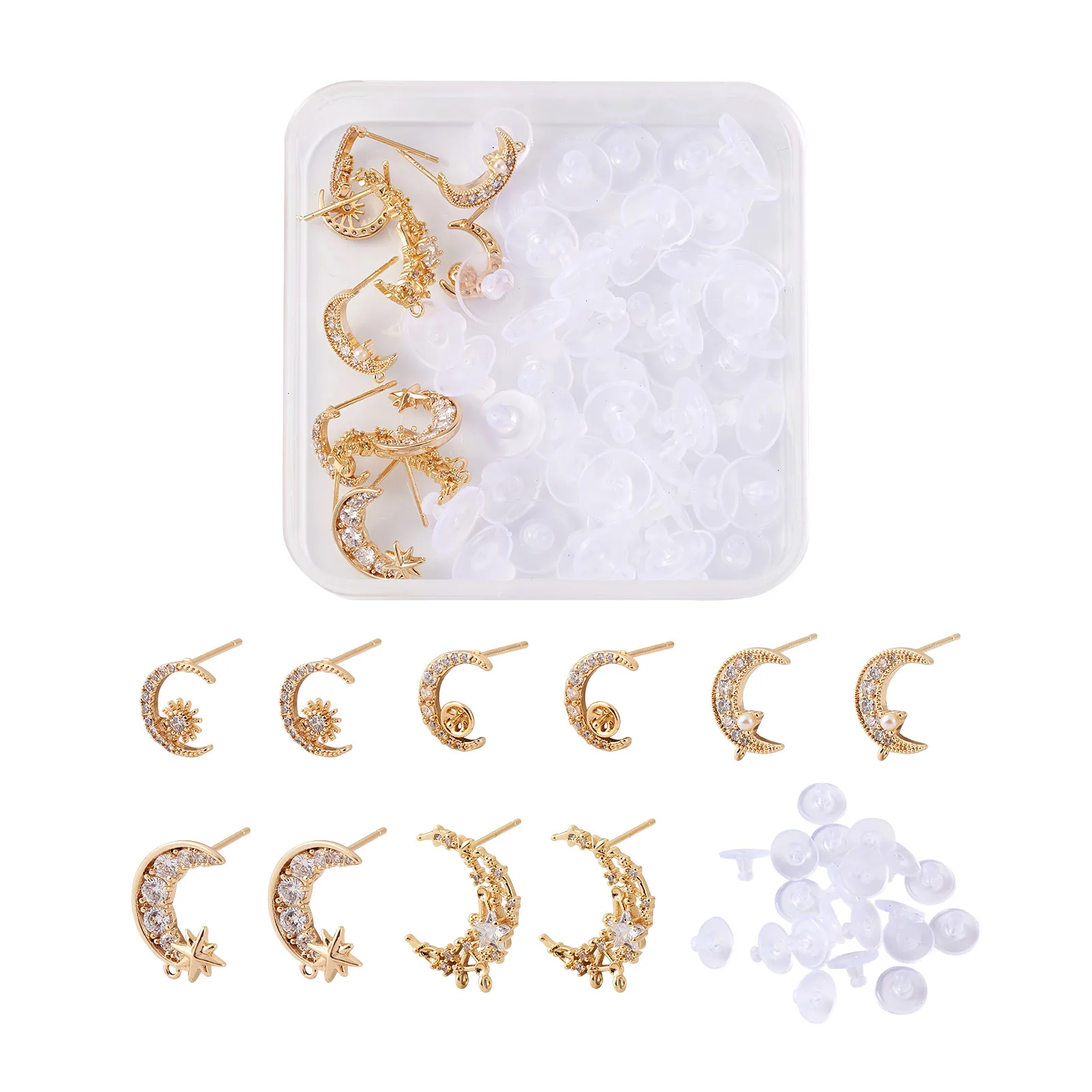 Moon & Star Stud Earring Brass Micro Pave Cubic Zirconia Earring with Acrylic Pearl for Women DIY Jewelry Earring Finding Set
