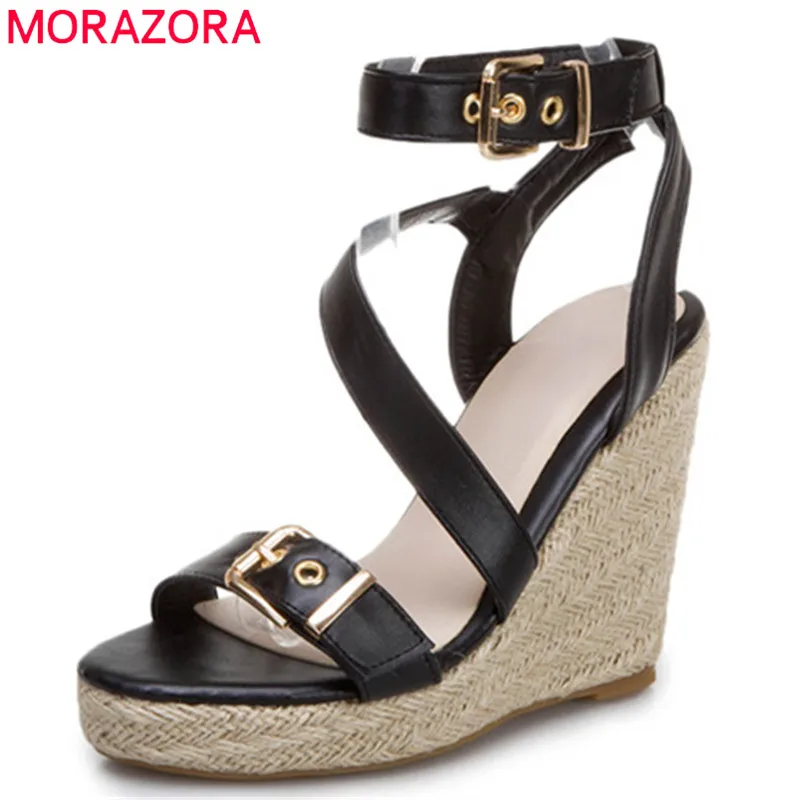 

Женские босоножки на танкетке MORAZORA, черные повседневные босоножки на танкетке, на ремешке с пряжкой, большие размеры, лето 2022