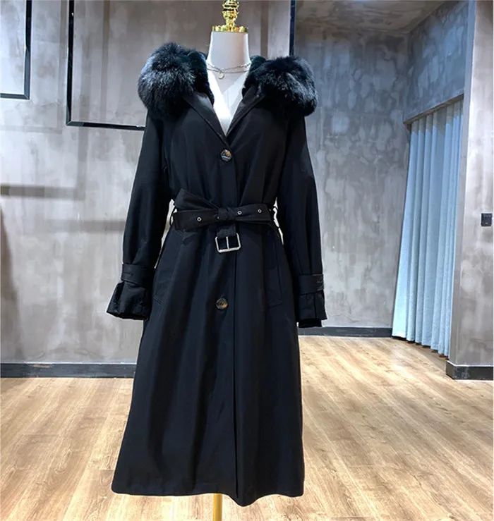 black with black Женская зимняя большая парка с капюшоном из лисьего меха, Длинная зимняя женская куртка с натуральным мехом кролика Рекс, плотное Женское пальто большого размера - Цвет: black with black