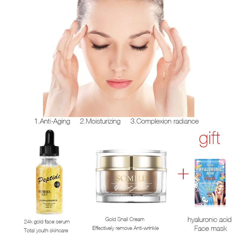 SOMILD Snail Cream 24k Gold Face Serum Hyaluronic Acid Anti aging Set