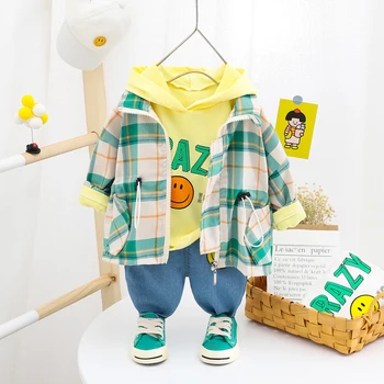 

2020 Autumn Infant Newborn Clothing Sets Baby Boys Clothes Plaid Jacket Hooded T Shirt Jeans Children Kids Costume