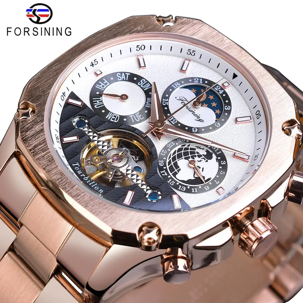 Forsining мужские модные брендовые механические часы розовое золото Tourbillon Moonphase Дата стальной ремешок автоматические часы Relogio Masculino