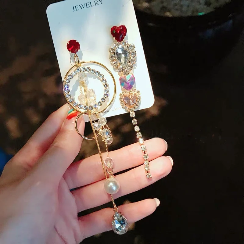 

MENGJIQIAO Korean New Exaggerate Red Heart Crystal Drop Earrings For Women Fashion Asymmetric Boucle D'oreille Party Jewelry